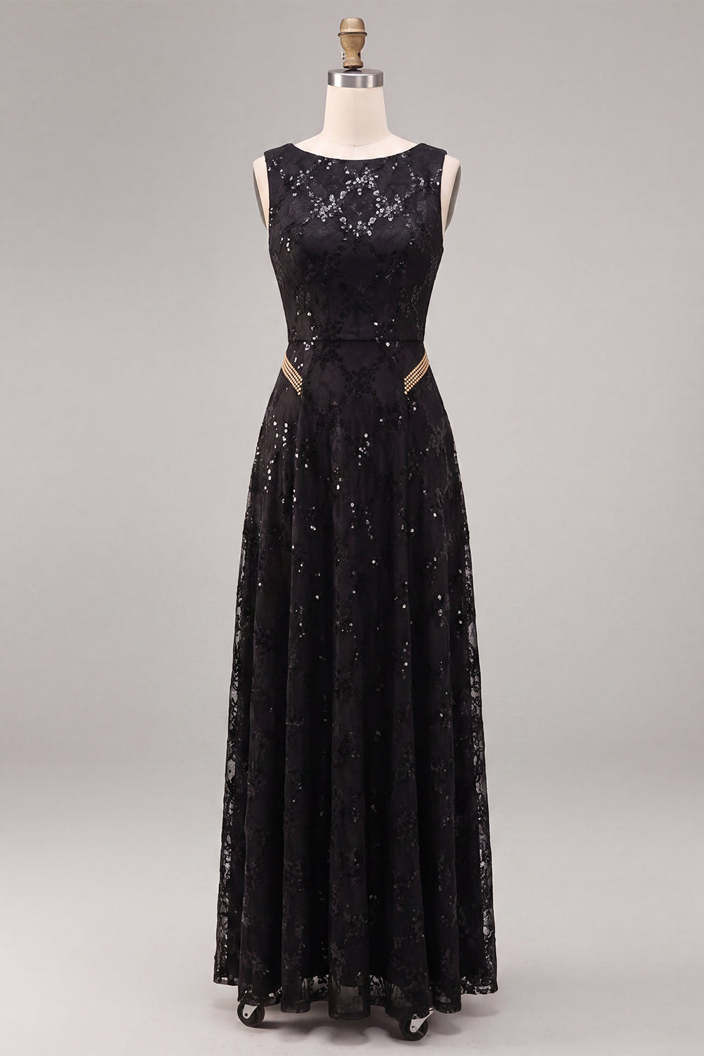 A-Line Black Round Neck Sequins Long Formal Dress