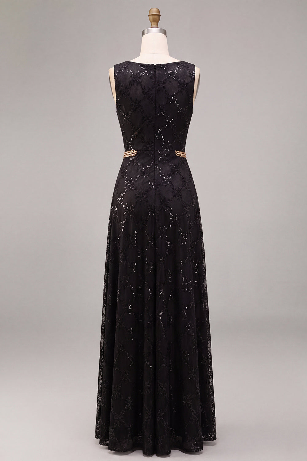 A-Line Black Round Neck Sequins Long Formal Dress