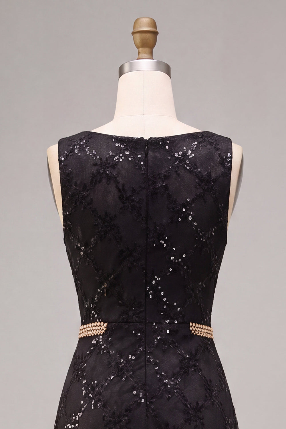 A-Line Black Round Neck Sequins Long Formal Dress