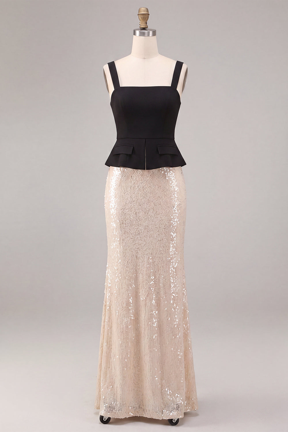Black and White Mermaid Square Neck Sequins Long Formal Dress