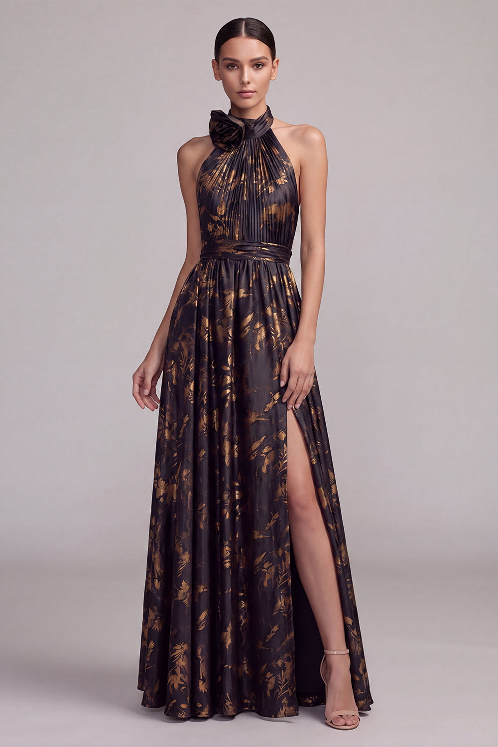 Black A-Line Halter Neck Backless Long Formal Dress with Slit