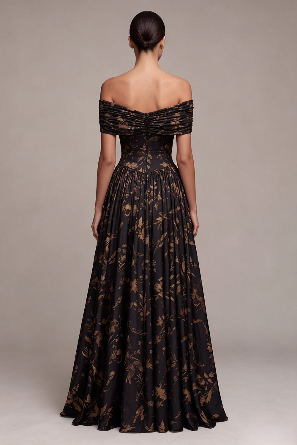 Black A-Line Off the Shoulder Floral Ruched Long Formal Dress