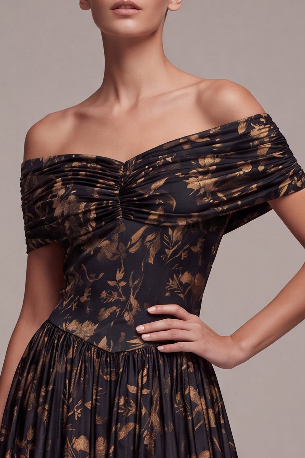 Black A-Line Off the Shoulder Floral Ruched Long Formal Dress