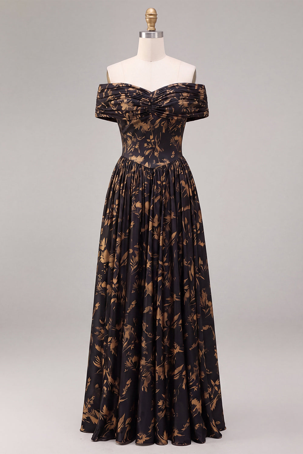 Black A-Line Off the Shoulder Floral Ruched Long Formal Dress