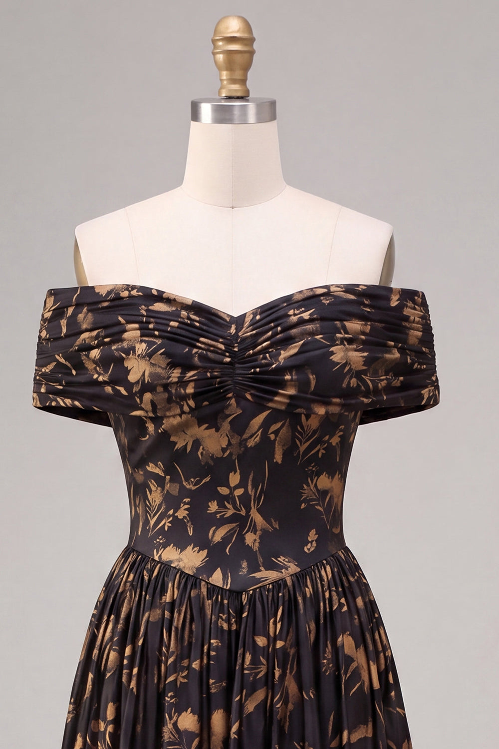Black A-Line Off the Shoulder Floral Ruched Long Formal Dress