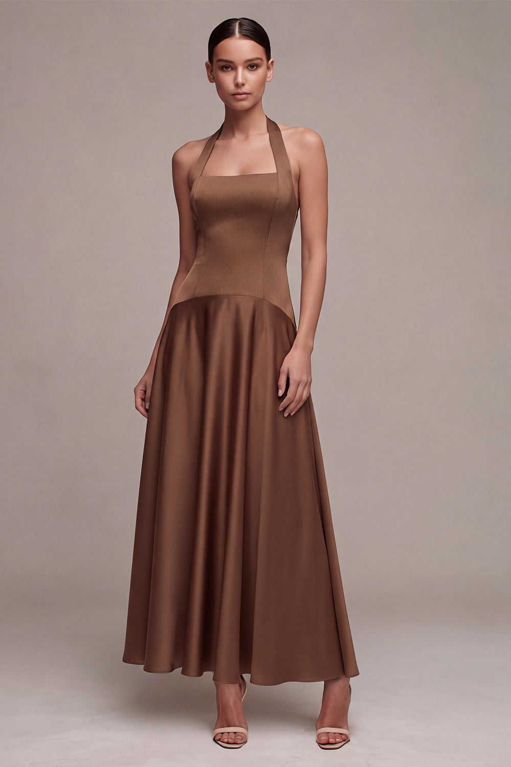 Satin Coffee Halter Neck Backless A-Line Long Formal Dress