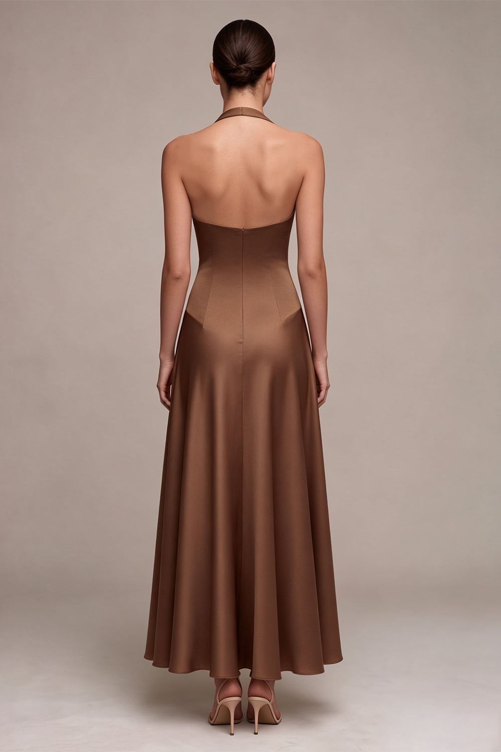 Satin Coffee Halter Neck Backless A-Line Long Formal Dress
