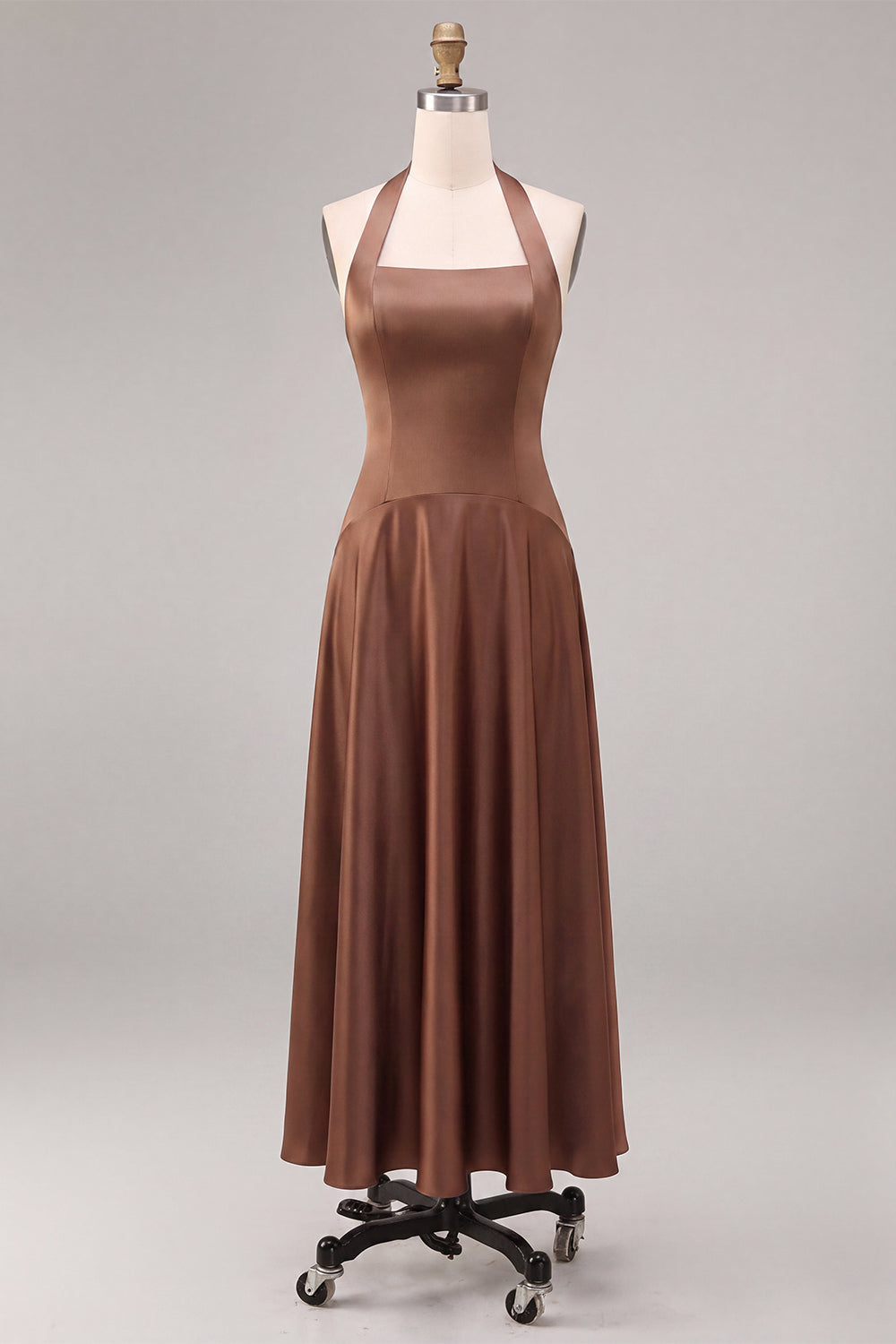 Satin Coffee Halter Neck Backless A-Line Long Formal Dress