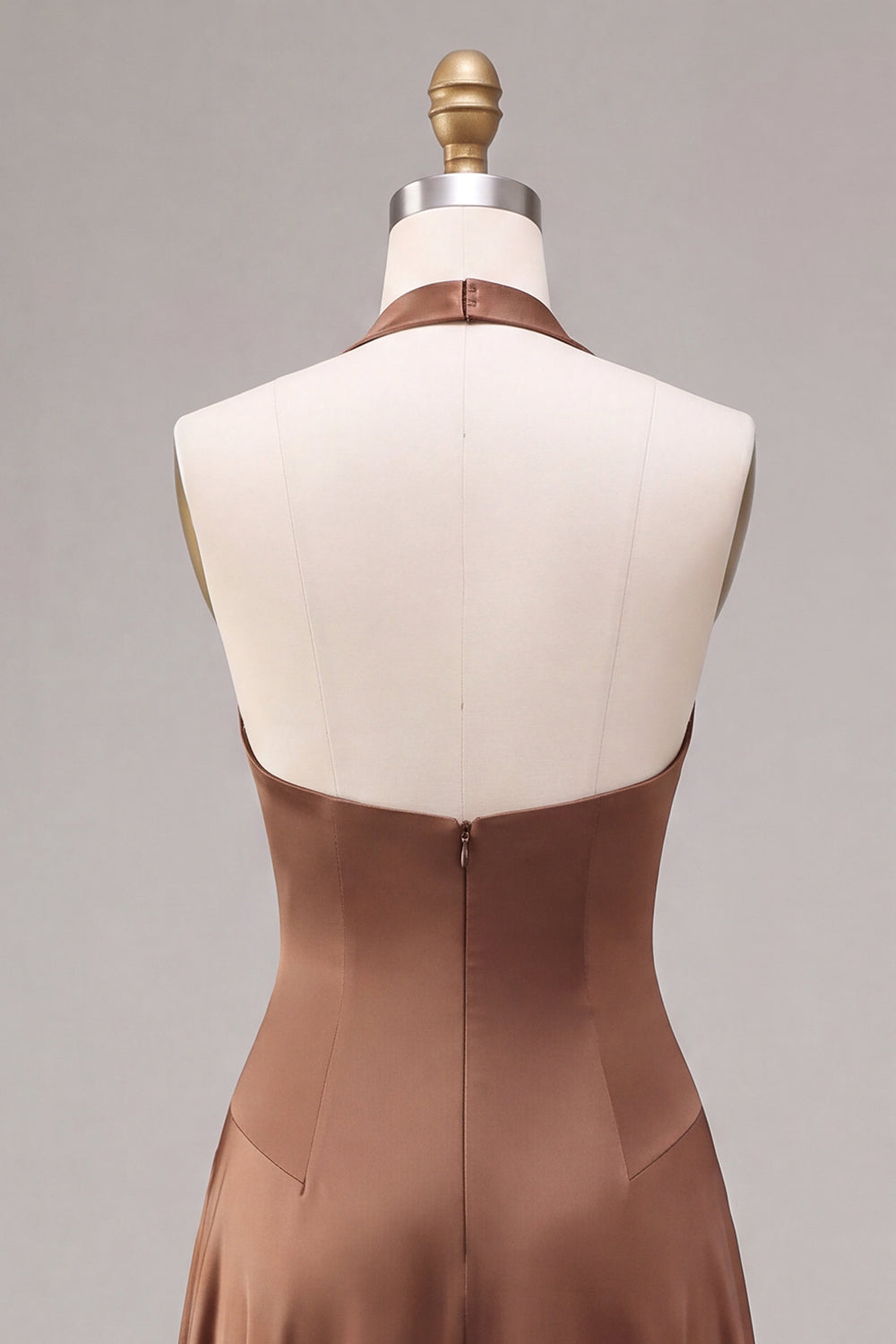 Satin Coffee Halter Neck Backless A-Line Long Formal Dress