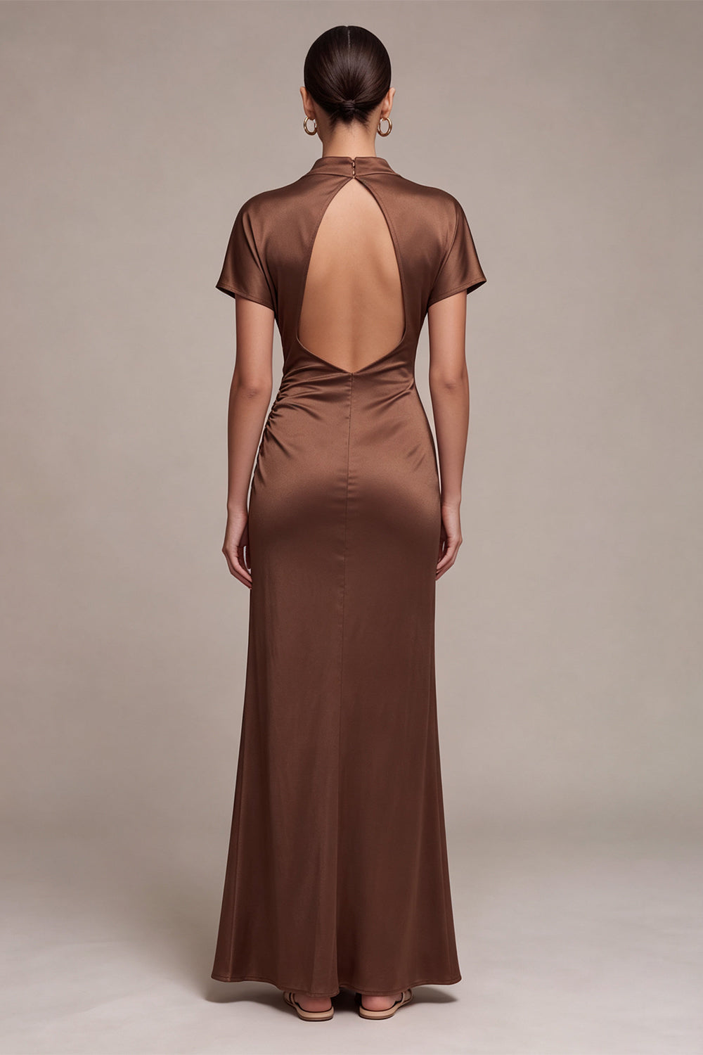Satin Coffee High Neck Mermaid Long Formal Dress with Short Sleeves