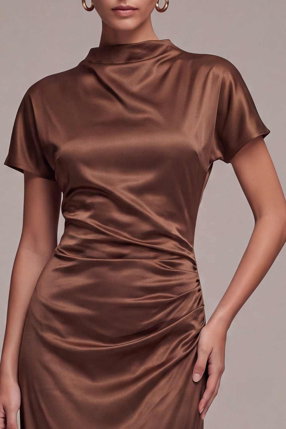 Satin Coffee High Neck Mermaid Long Formal Dress with Short Sleeves