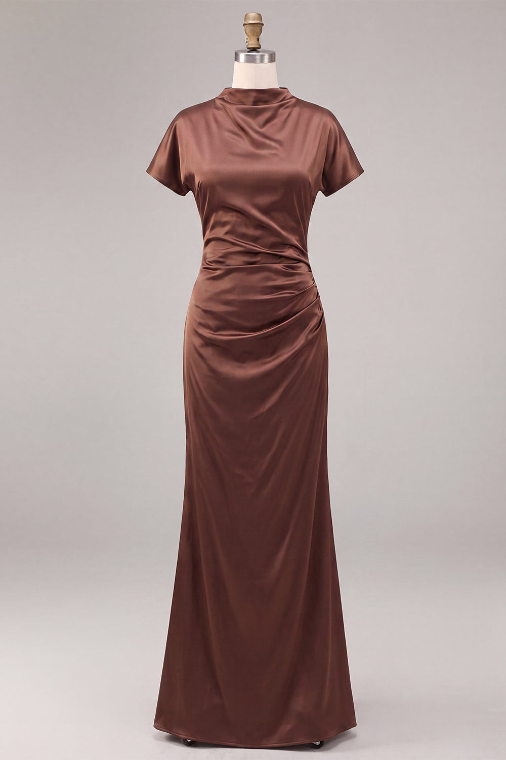 Satin Coffee High Neck Mermaid Long Formal Dress with Short Sleeves
