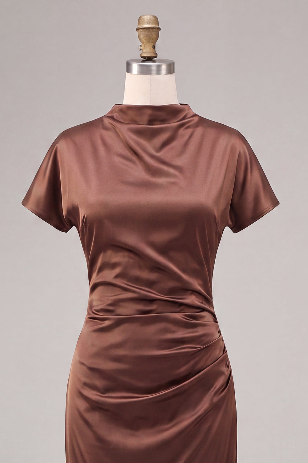 Satin Coffee High Neck Mermaid Long Formal Dress with Short Sleeves