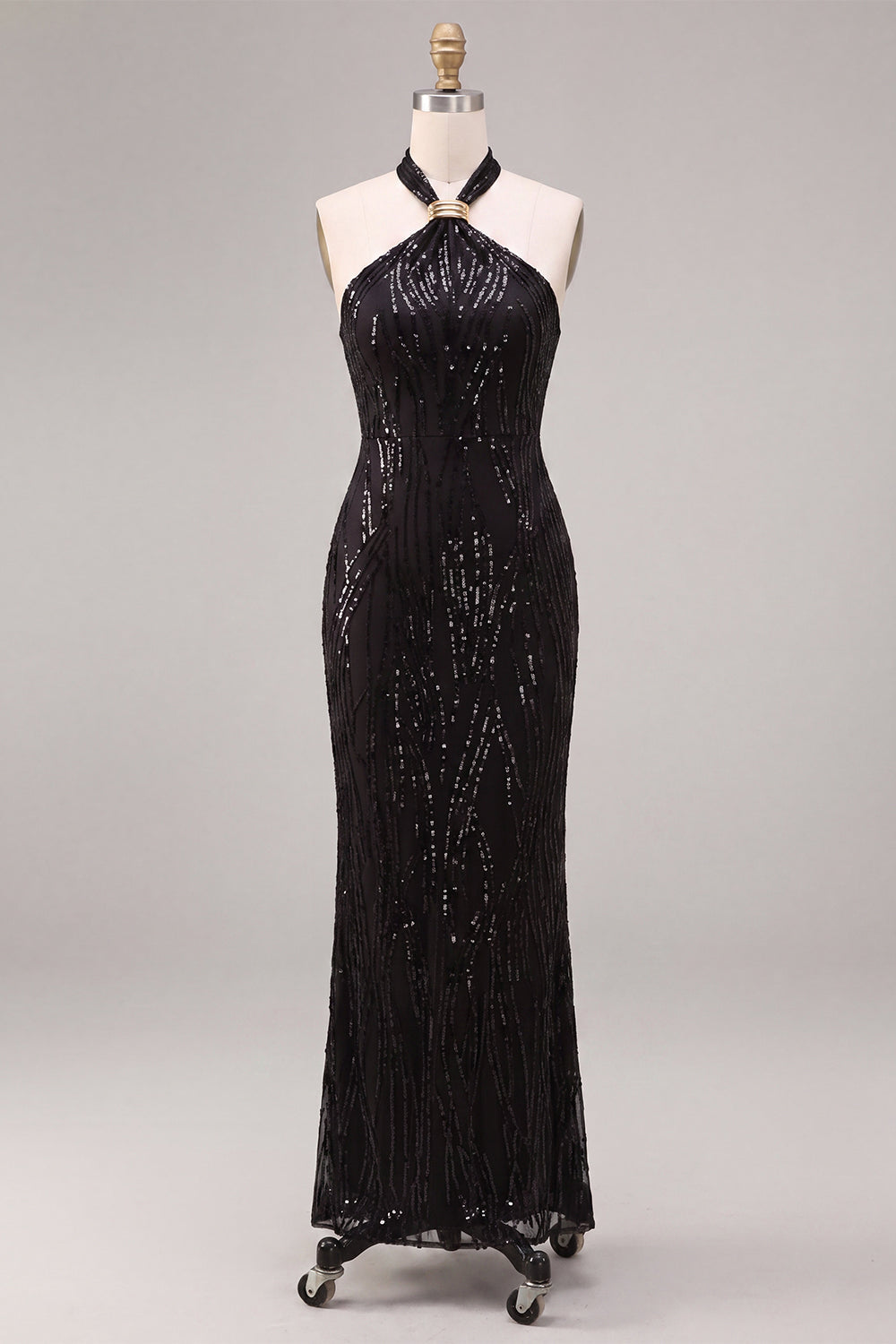 Black Mermaid Halter Neck Sequins Long Formal Dress