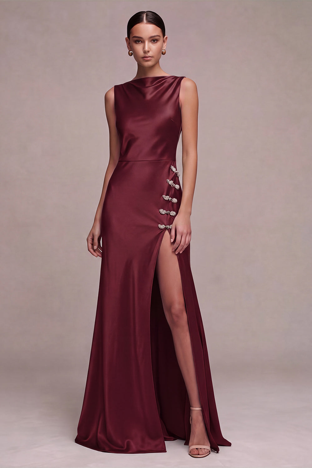 Olive Mermaid Bateau Neck Satin Long Formal Dress with Slit