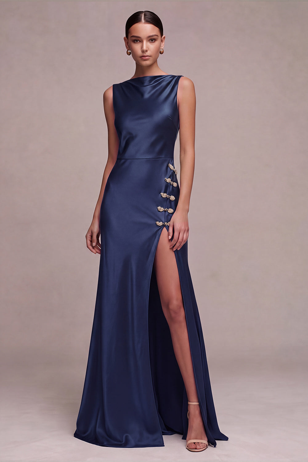 Olive Mermaid Bateau Neck Satin Long Formal Dress with Slit