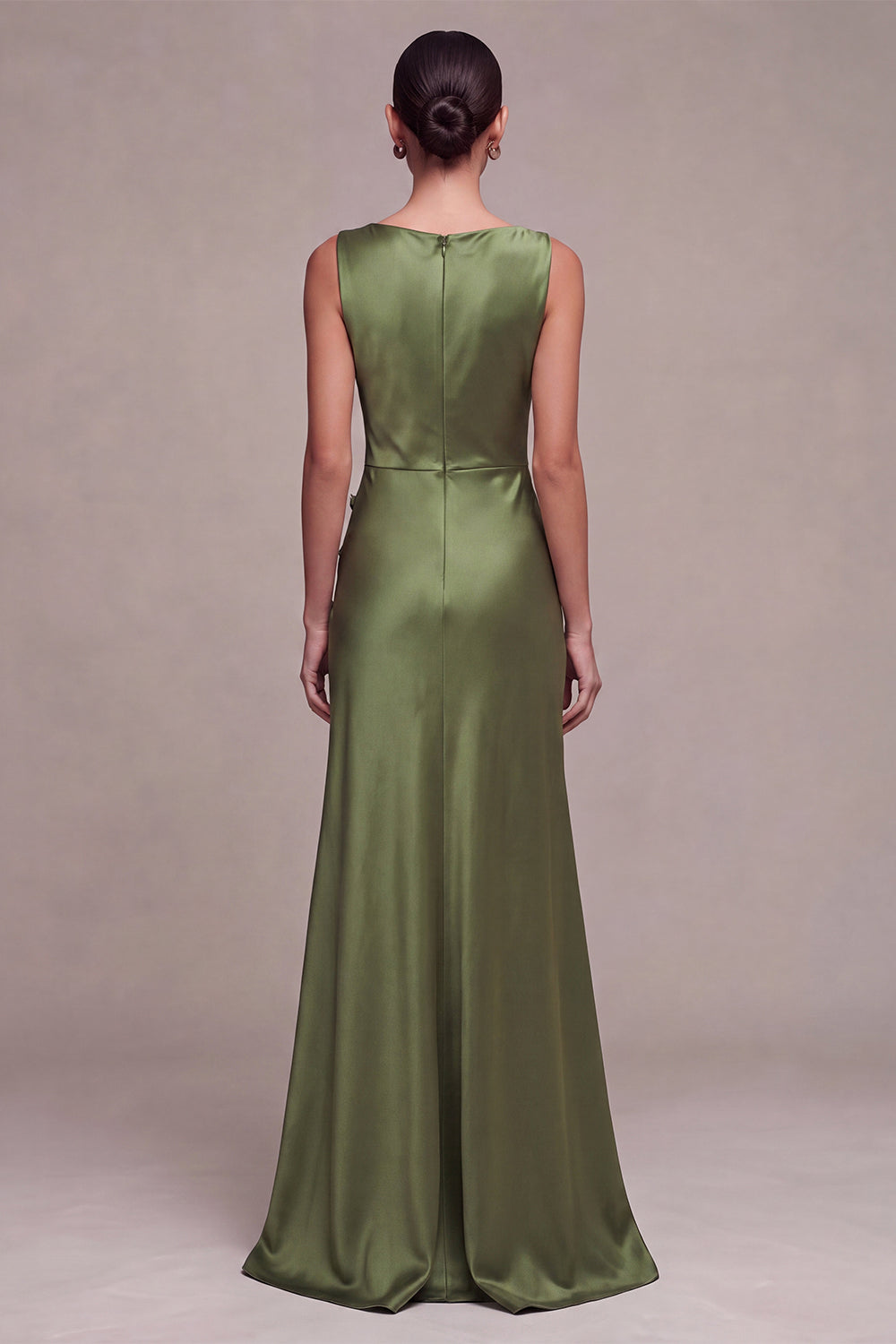 Olive Mermaid Bateau Neck Satin Long Formal Dress with Slit