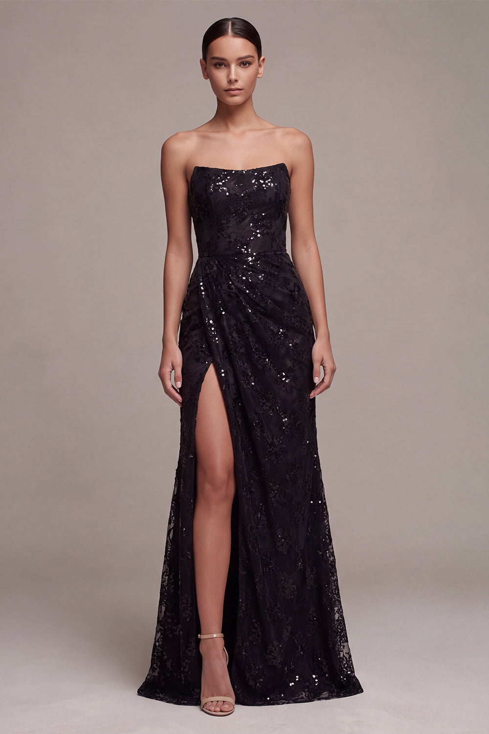 Strapless Sequined Black Mermaid Ruched Long Formal Dress with Slit