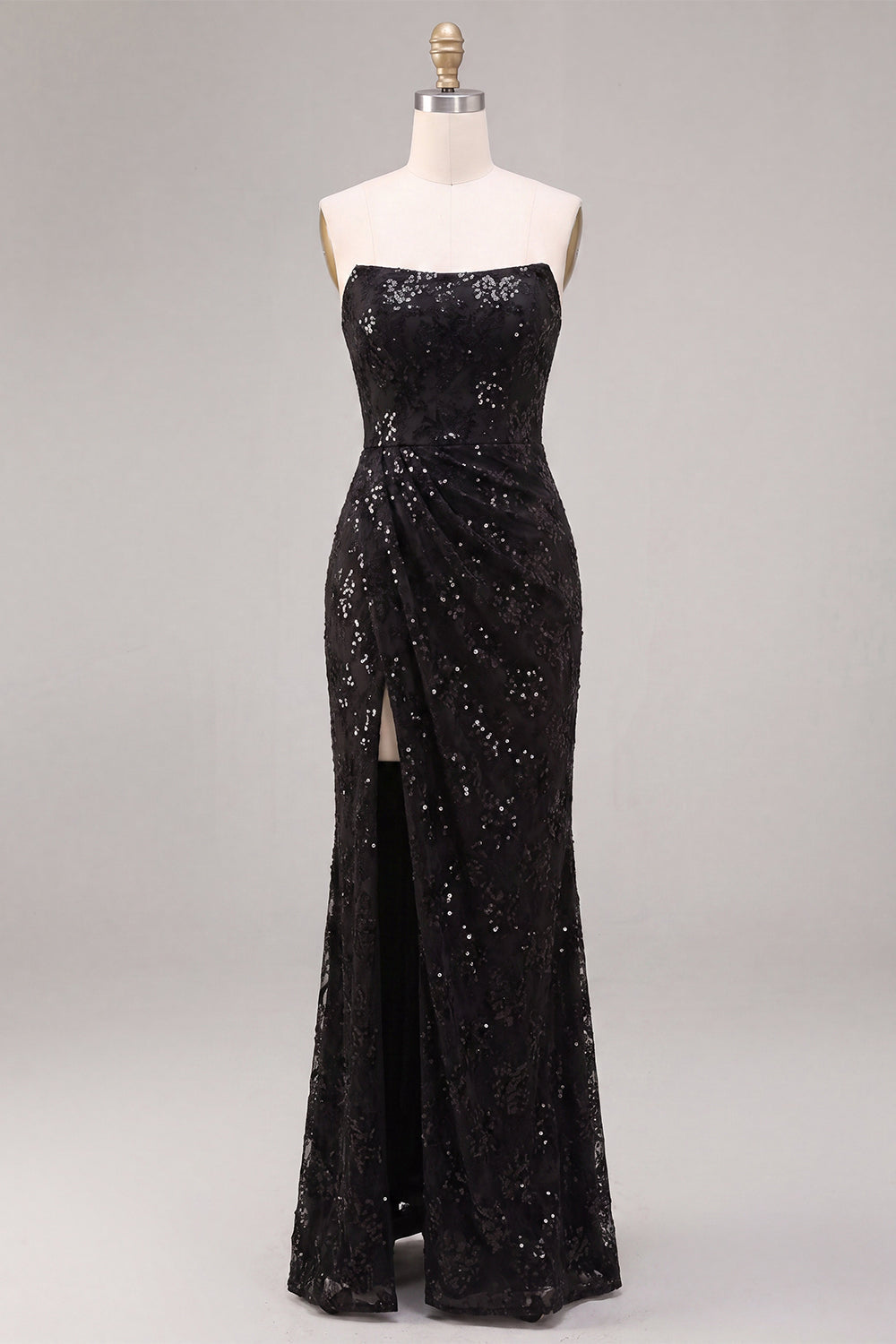 Strapless Sequined Black Mermaid Ruched Long Formal Dress with Slit