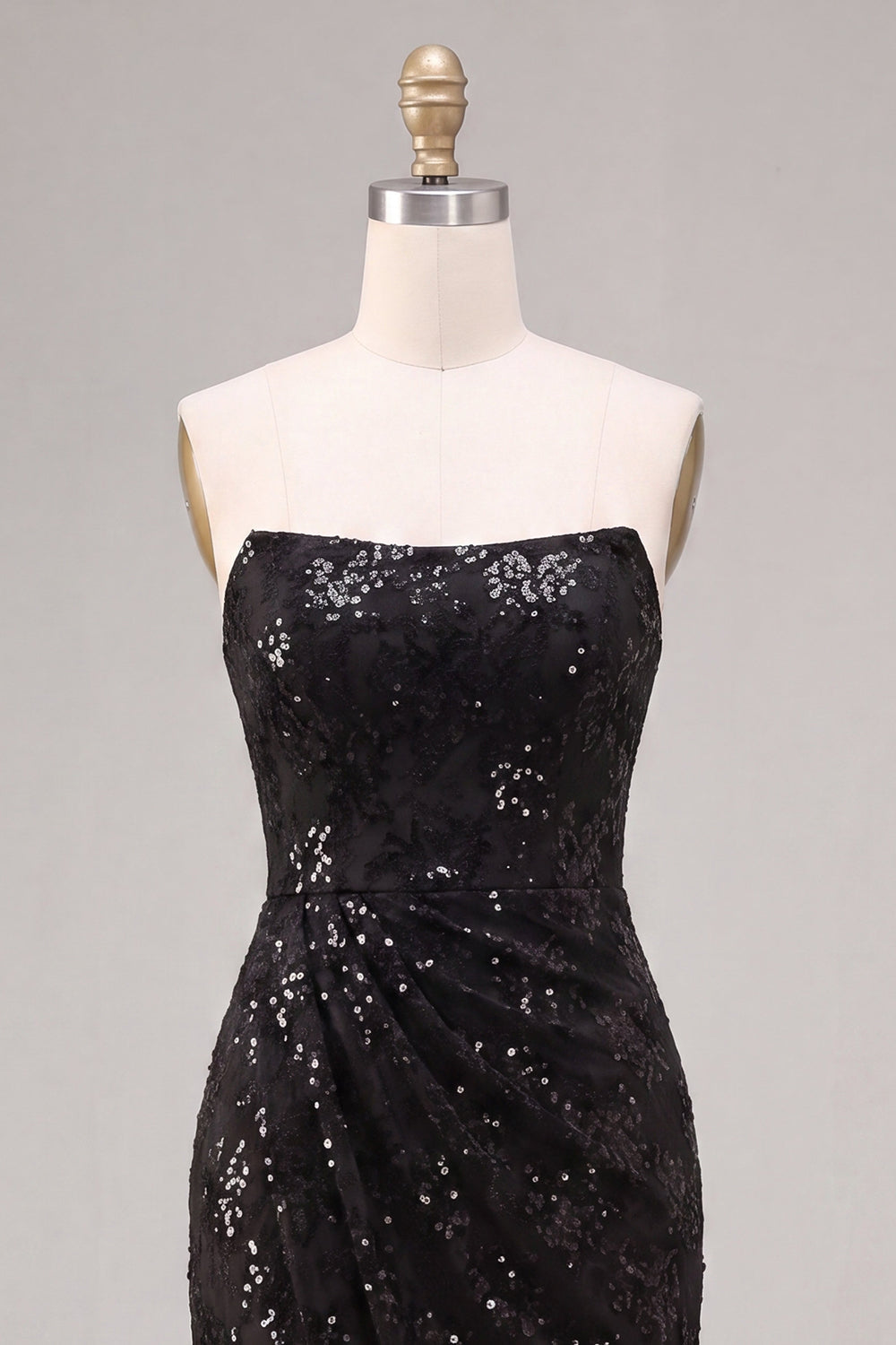 Strapless Sequined Black Mermaid Ruched Long Formal Dress with Slit