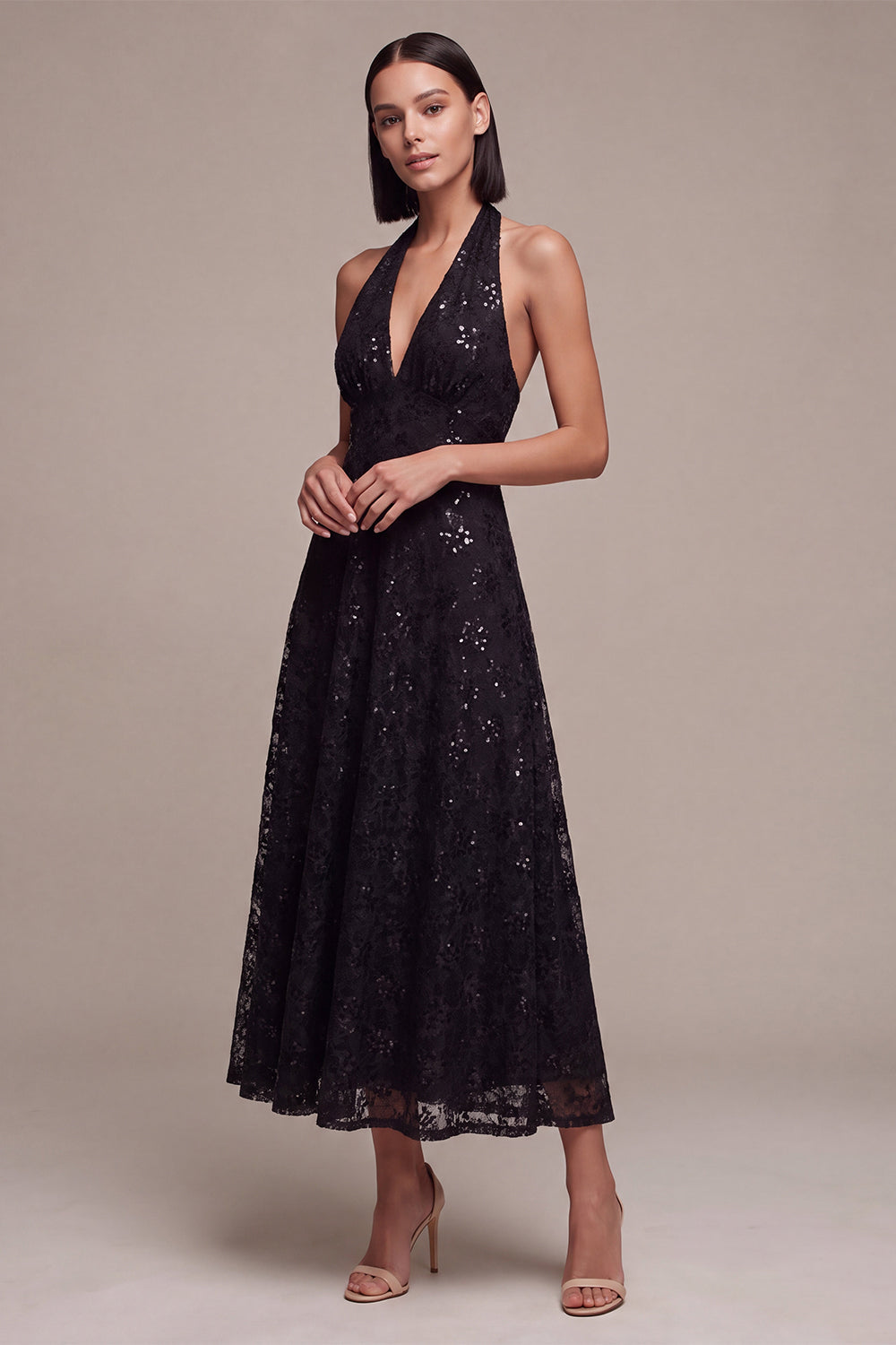 Black Halter Neck Sequins A-Line Backless Midi Formal Dress