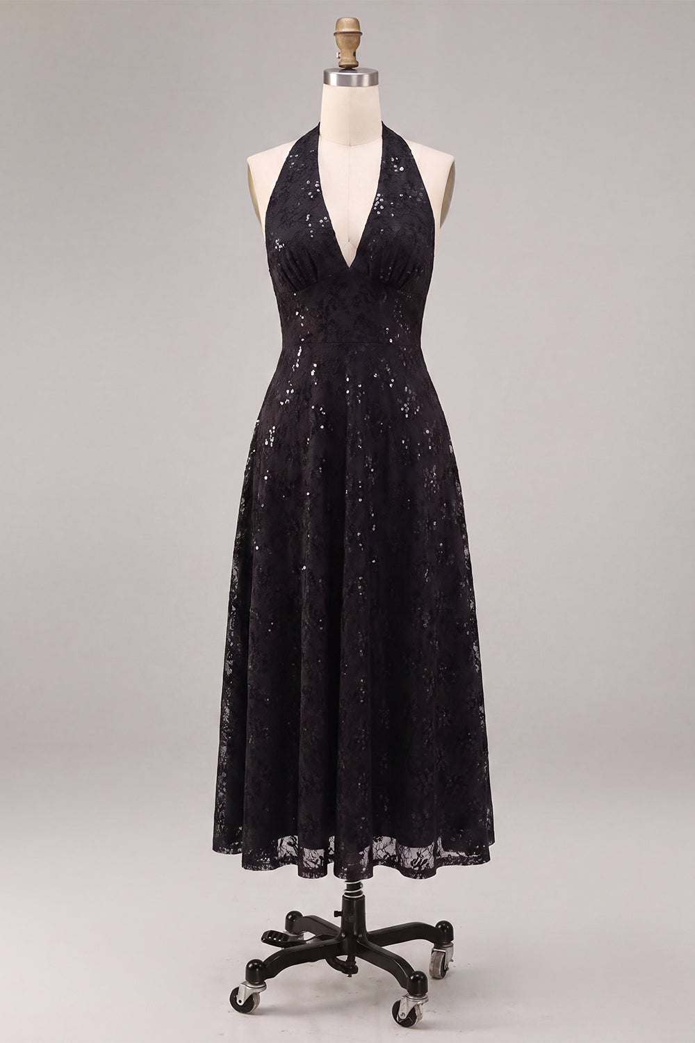 Black Halter Neck Sequins A-Line Backless Midi Formal Dress