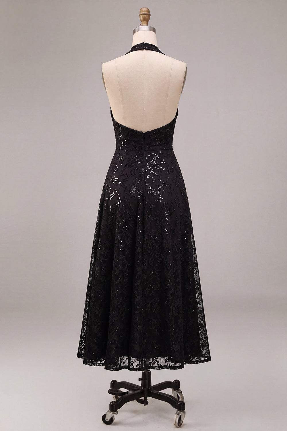 Black Halter Neck Sequins A-Line Backless Midi Formal Dress