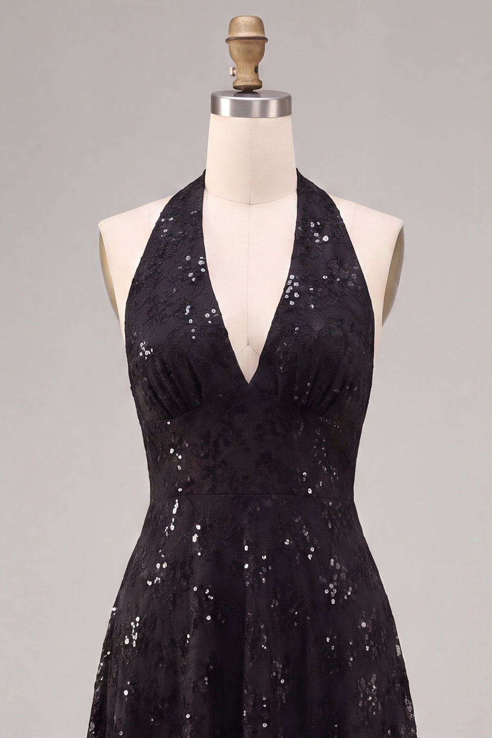 Black Halter Neck Sequins A-Line Backless Midi Formal Dress