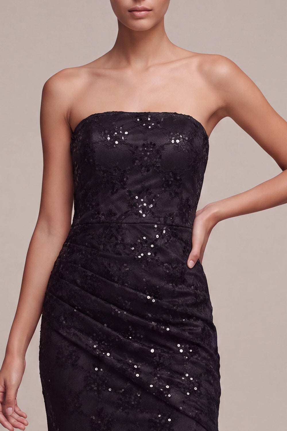 Strapless Black Mermaid Sequins Ruched Maxi Formal Dress