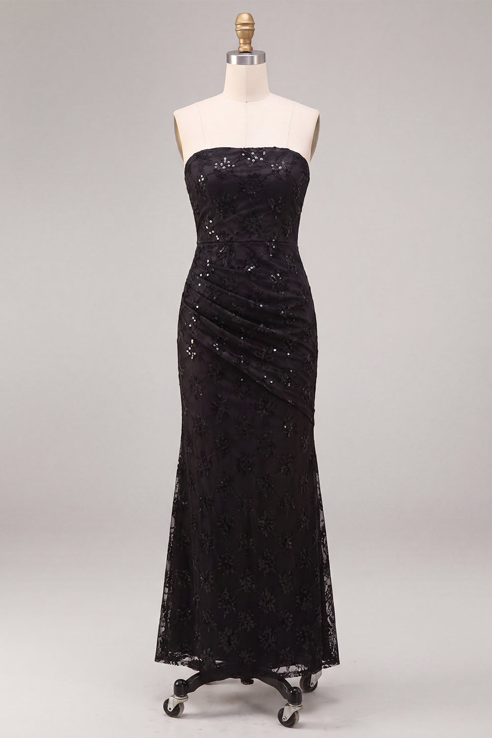 Strapless Black Mermaid Sequins Ruched Maxi Formal Dress