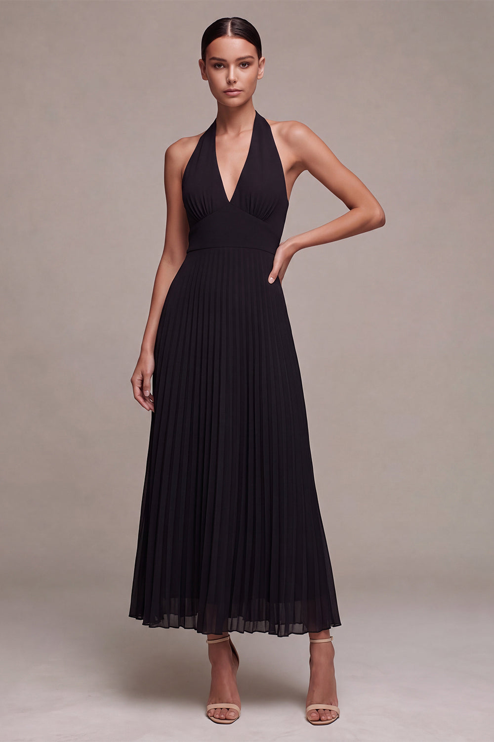 Chiffon Black A-Line Halter Neck Pleated Maxi Formal Dress