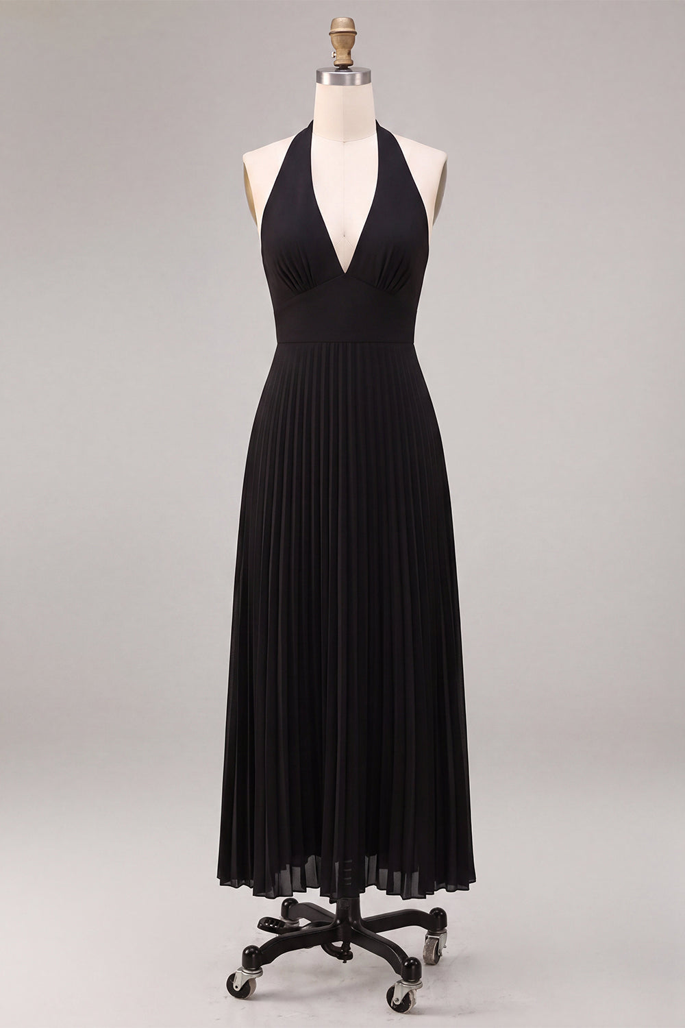 Chiffon Black A-Line Halter Neck Pleated Maxi Formal Dress