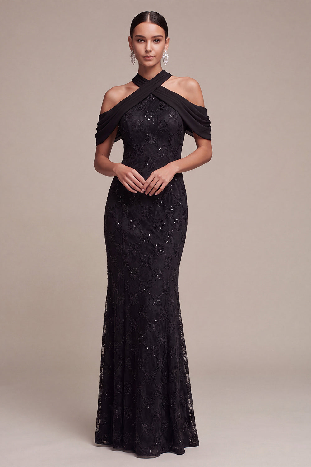 Mermaid Black Sequins Halter Neck Lace Maxi Formal Dress