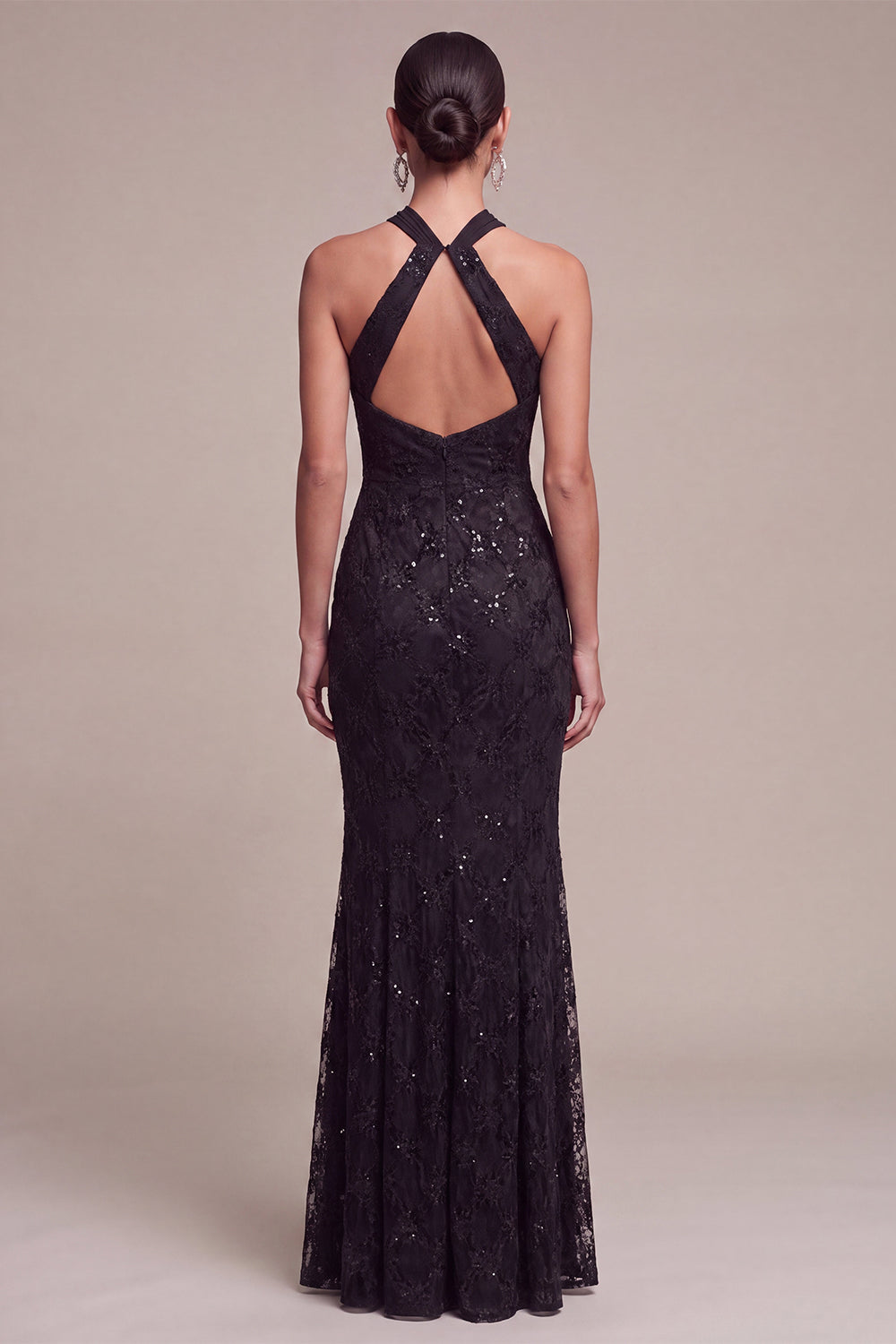 Mermaid Black Sequins Halter Neck Lace Maxi Formal Dress
