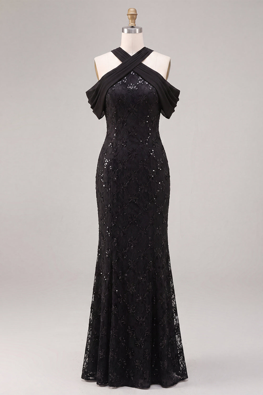 Mermaid Black Sequins Halter Neck Lace Maxi Formal Dress