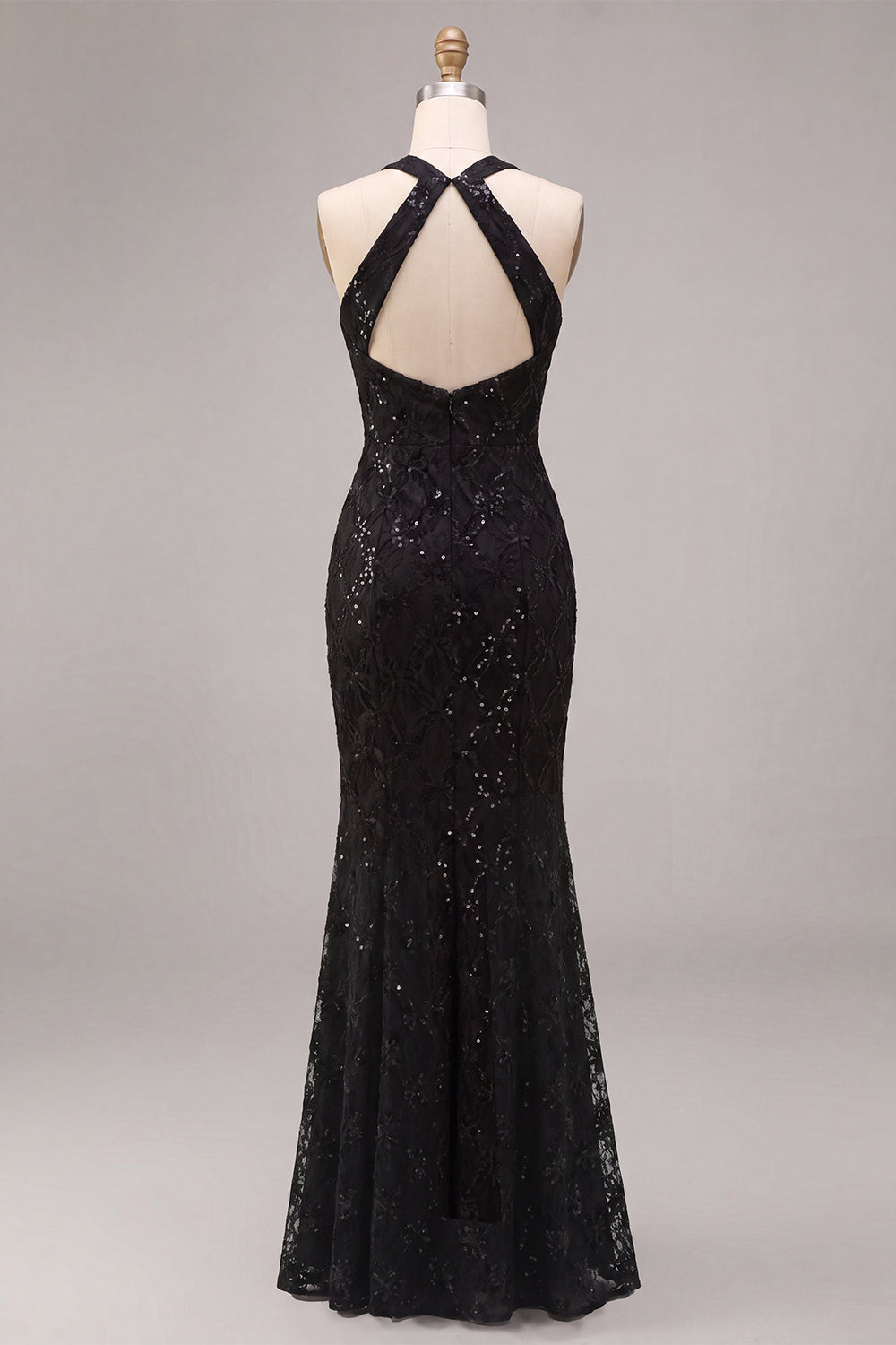 Mermaid Black Sequins Halter Neck Lace Maxi Formal Dress