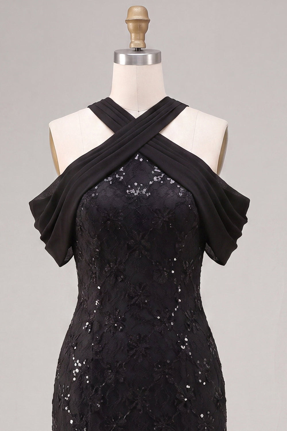 Mermaid Black Sequins Halter Neck Lace Maxi Formal Dress
