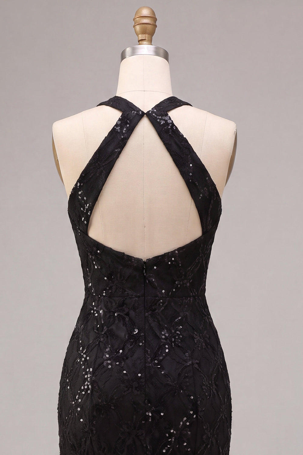 Mermaid Black Sequins Halter Neck Lace Maxi Formal Dress