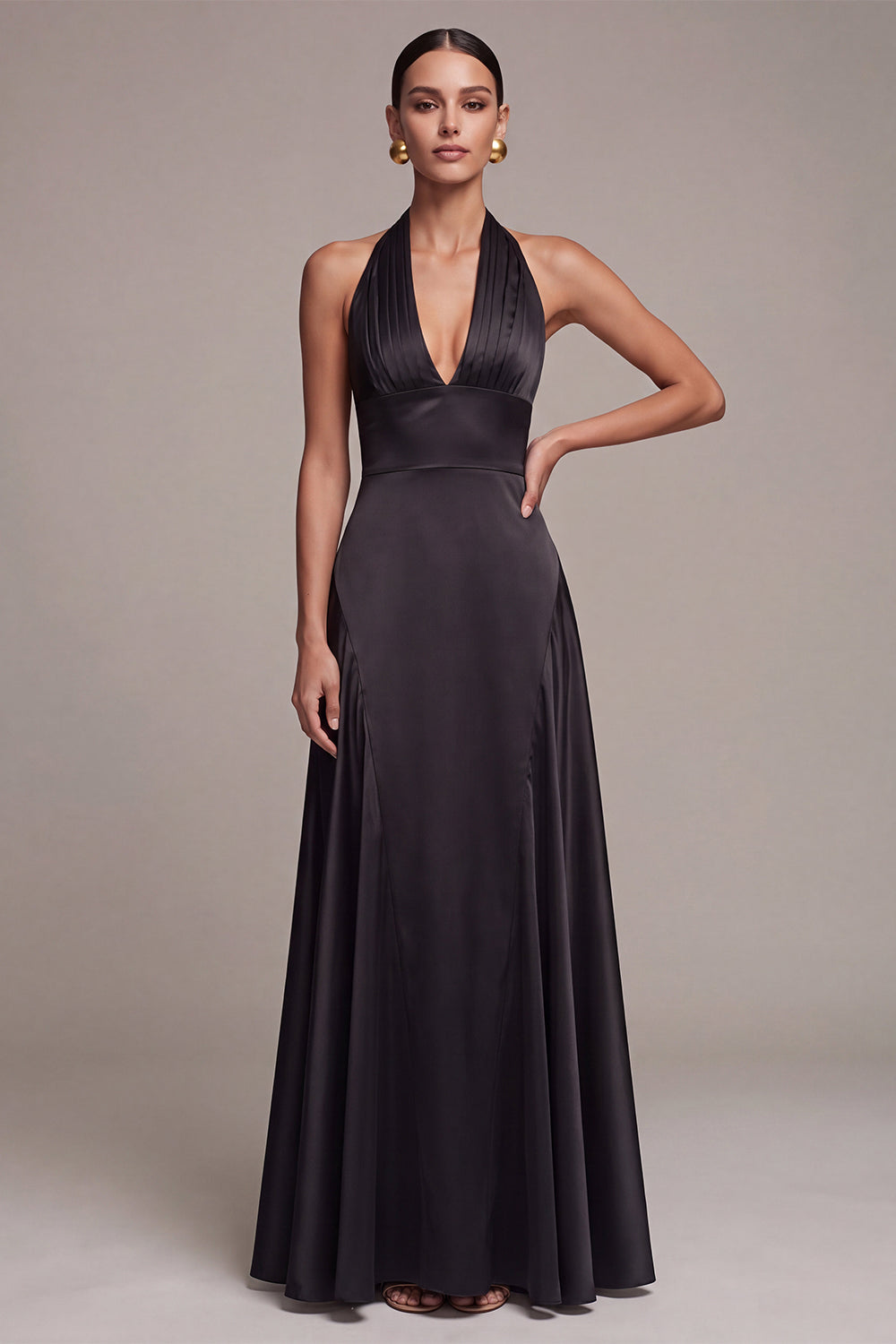 Black A-Line Satin Halter Neck Long Formal Dress
