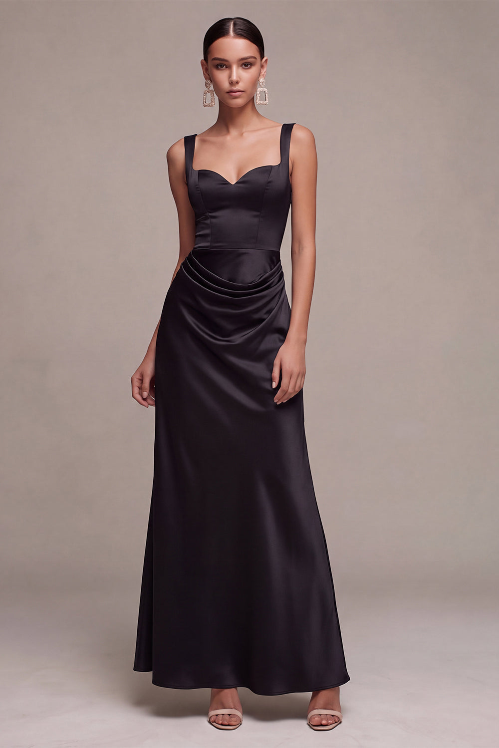Black Mermaid Satin Ruched Thick Straps Long Formal Dress