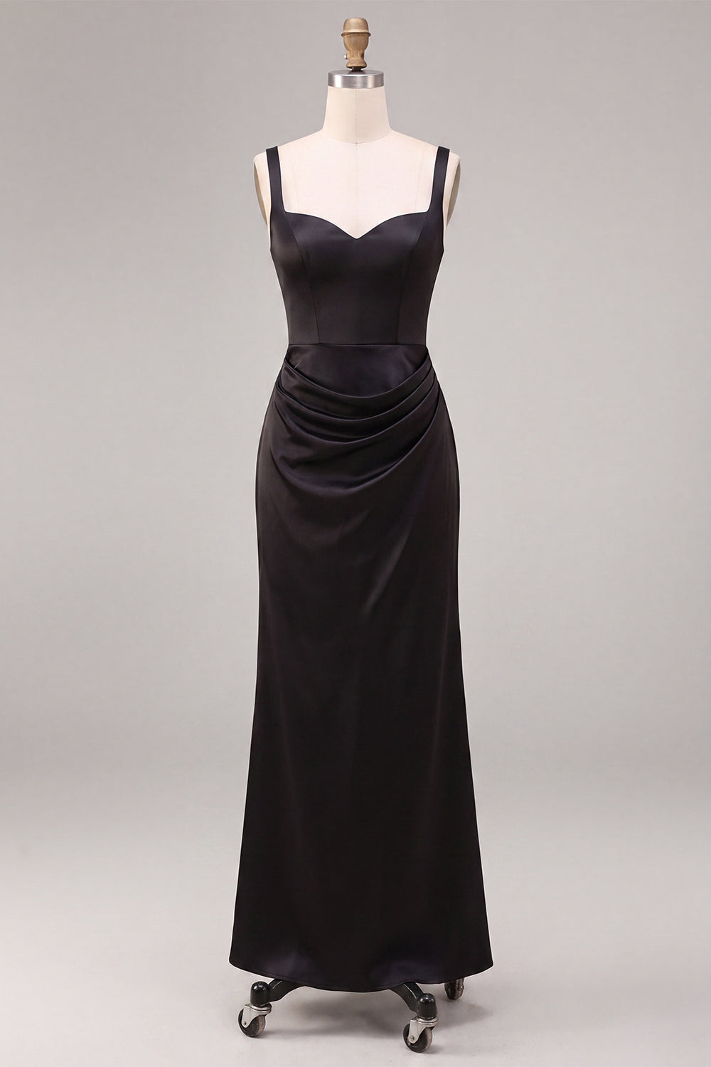 Black Mermaid Satin Ruched Thick Straps Long Formal Dress
