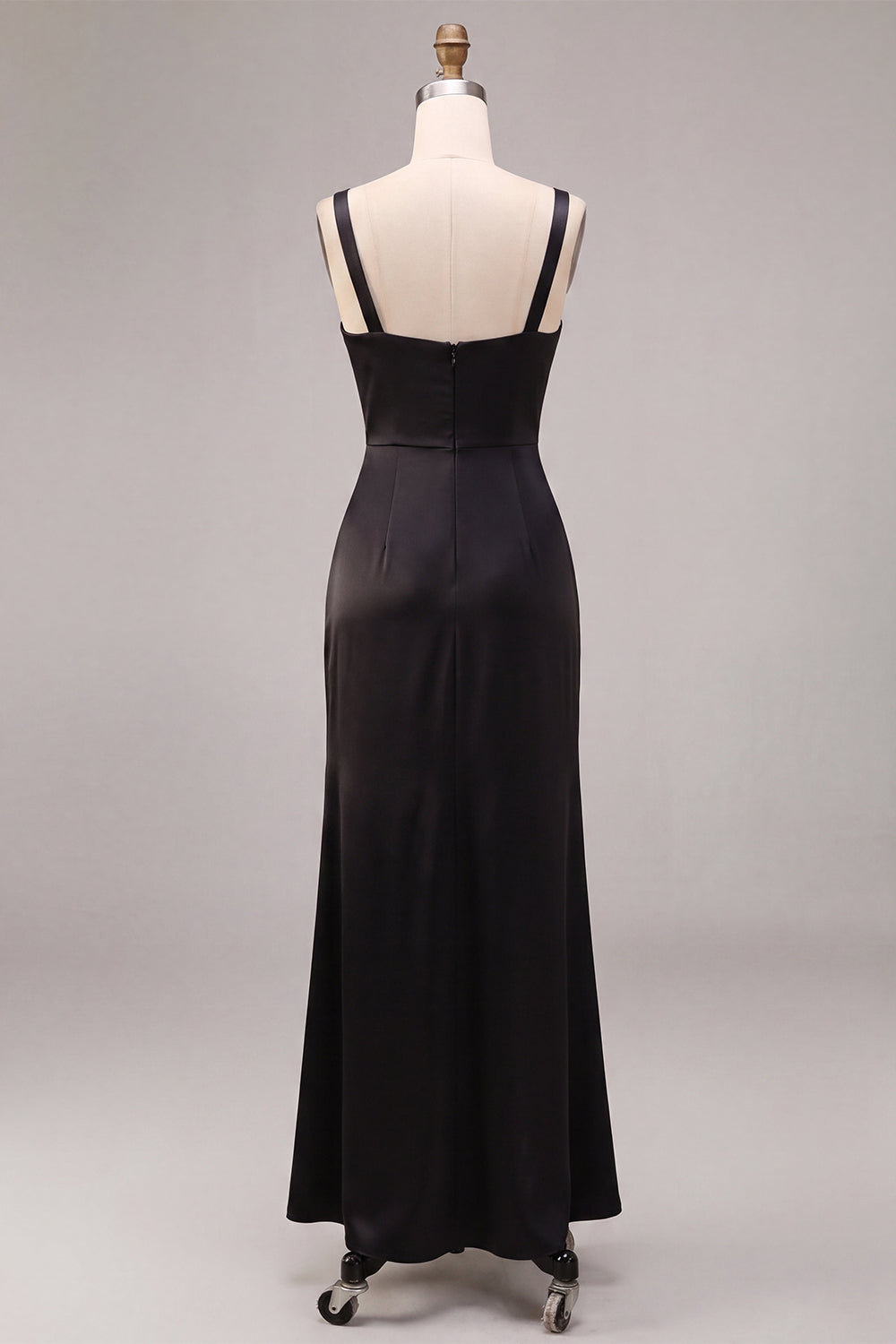 Black Mermaid Satin Ruched Thick Straps Long Formal Dress