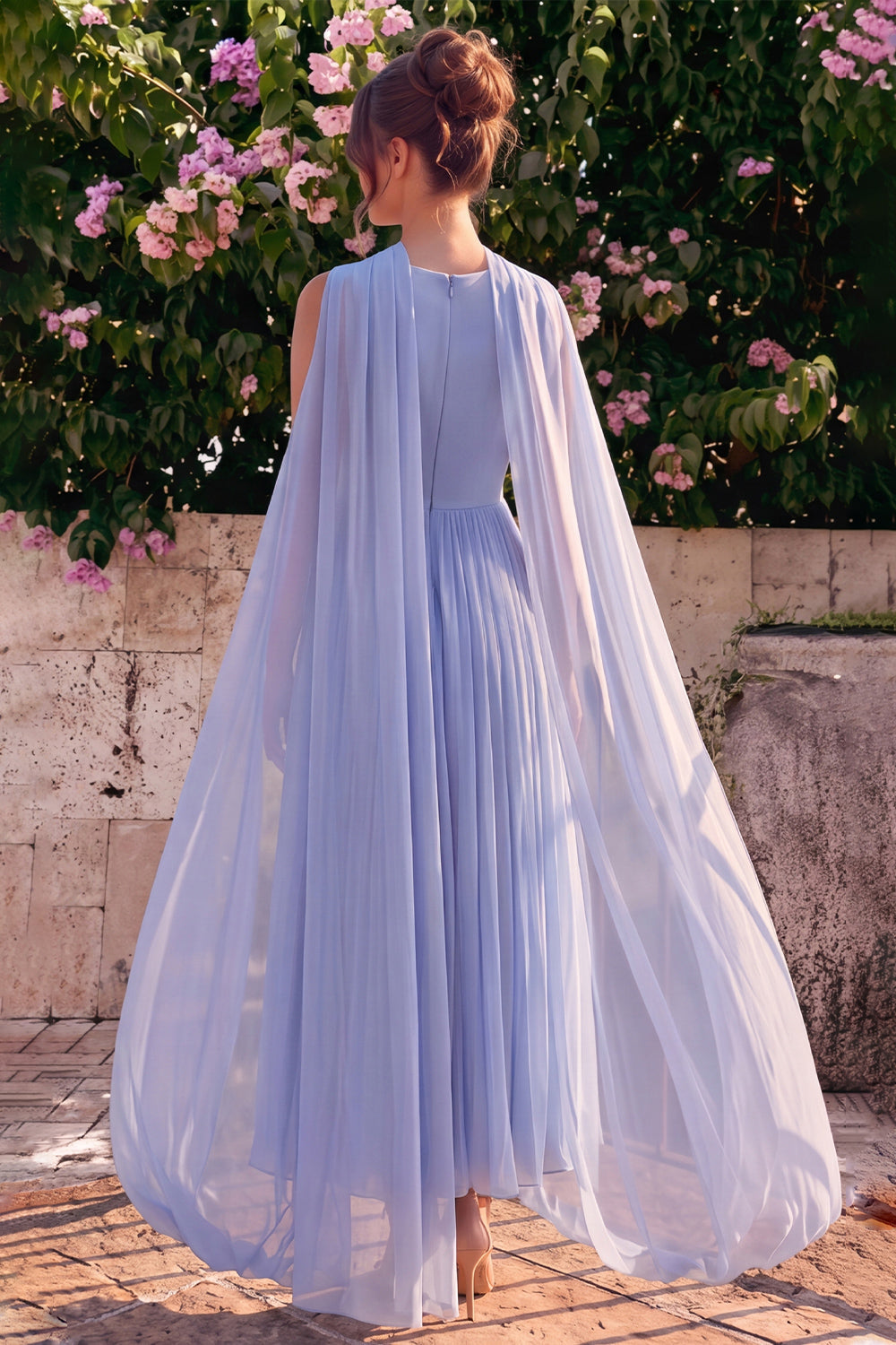 Blue A-Line Chiffon V-Neck Sleeveless Midi Dress with Cape