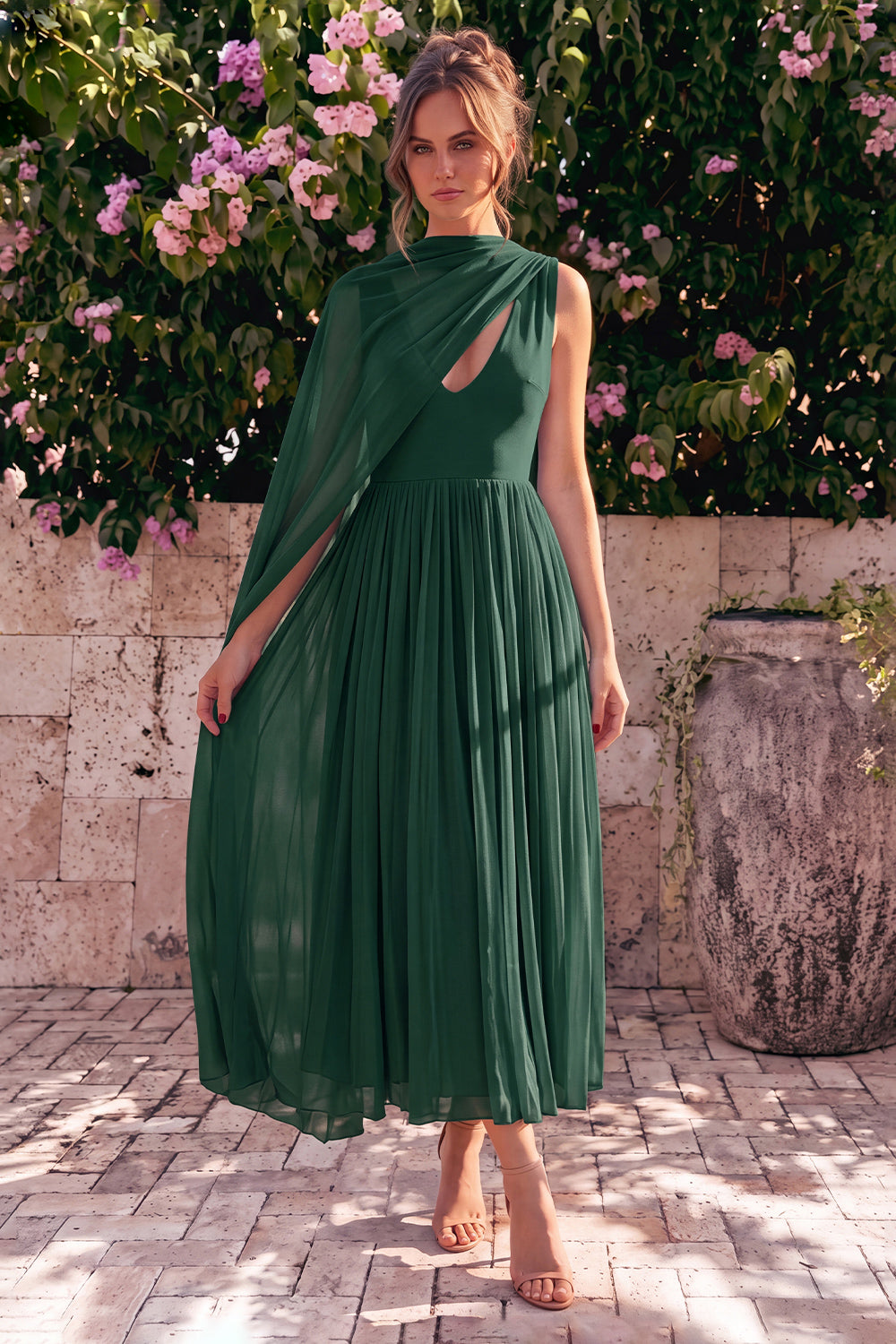 Blue A-Line Chiffon V-Neck Sleeveless Midi Dress with Cape