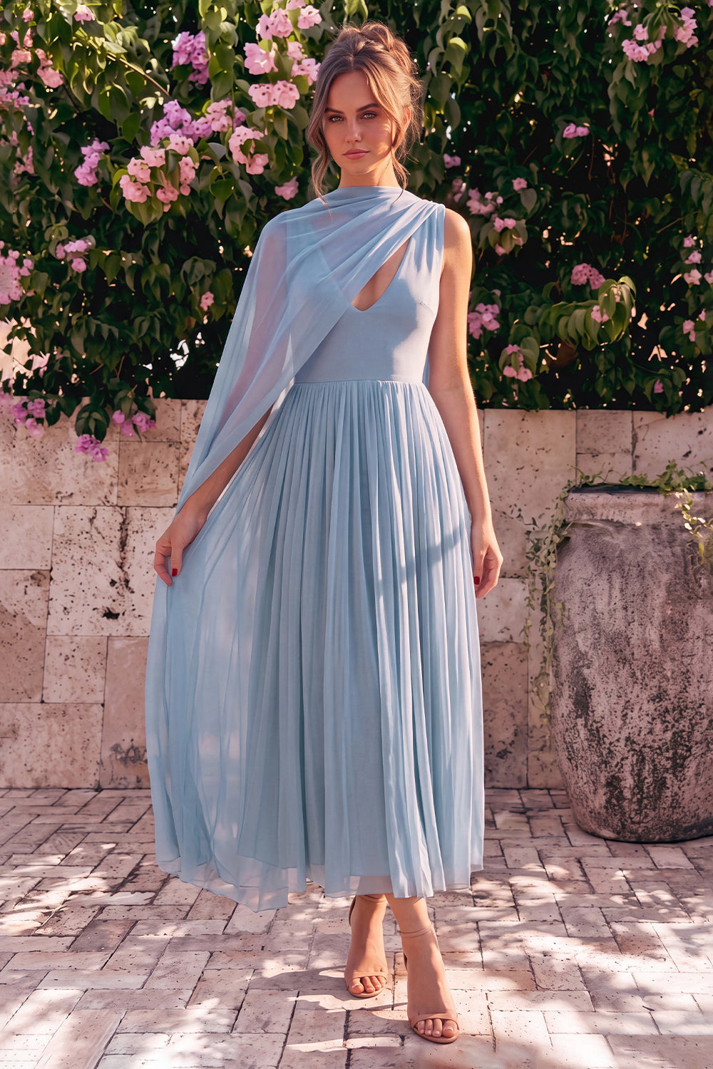 Blue A-Line Chiffon V-Neck Sleeveless Midi Dress with Cape