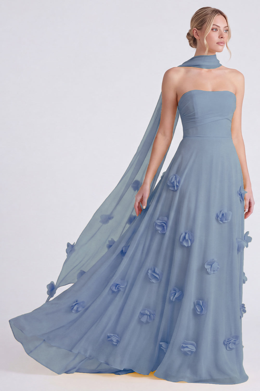 Daffodil Strapless A-Line Chiffon Long Bridesmaid Dress with 3D Flowers