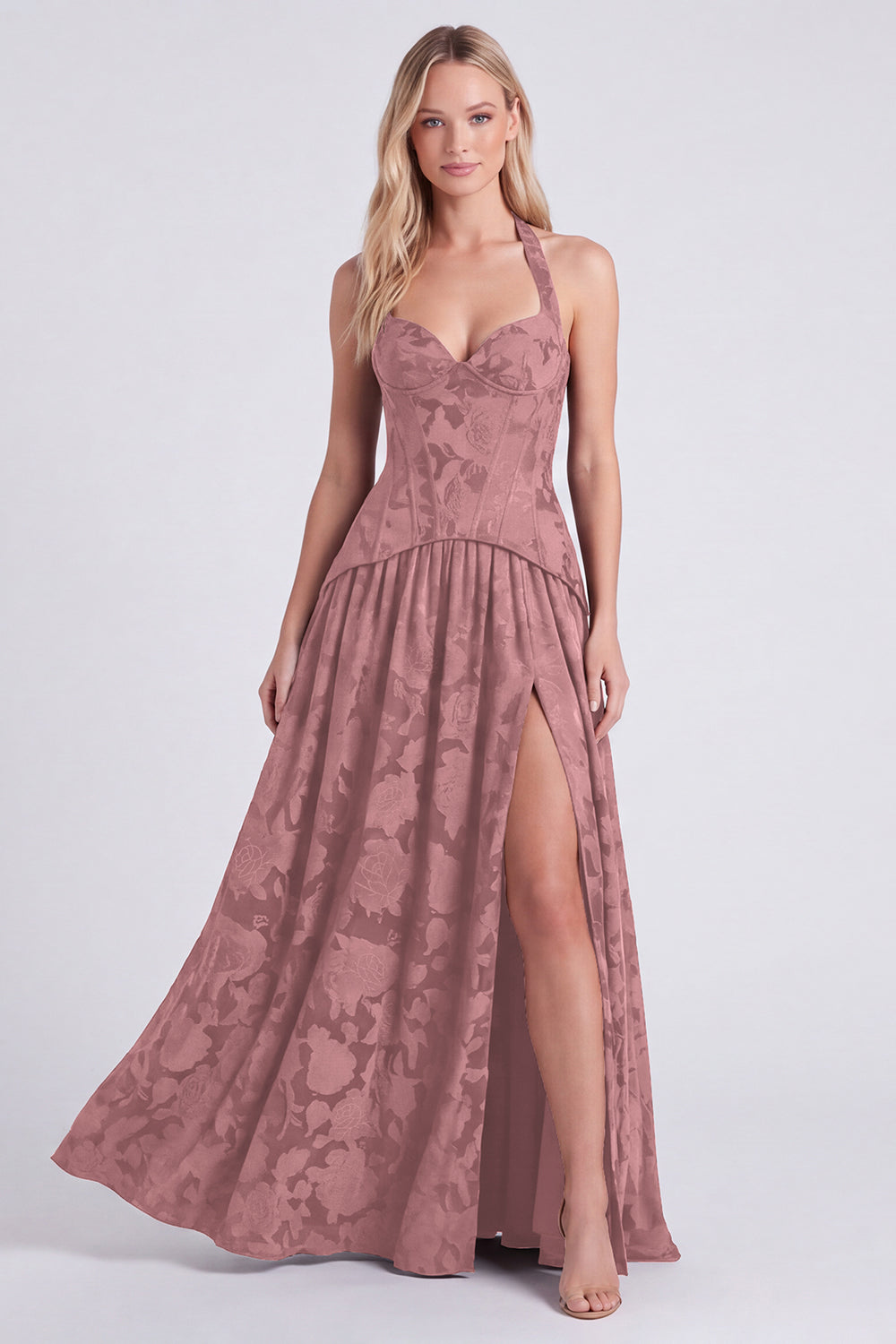 Halter Neck Espresso A-Line Corset Floral Lace Up Back Long Bridesmaid Dress with Slit