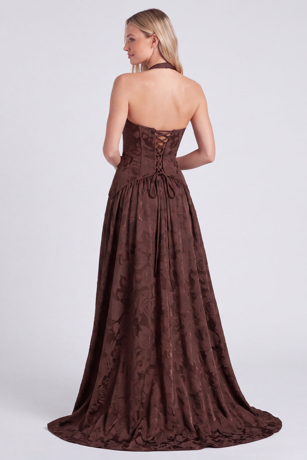 Halter Neck Espresso A-Line Corset Floral Lace Up Back Long Bridesmaid Dress with Slit