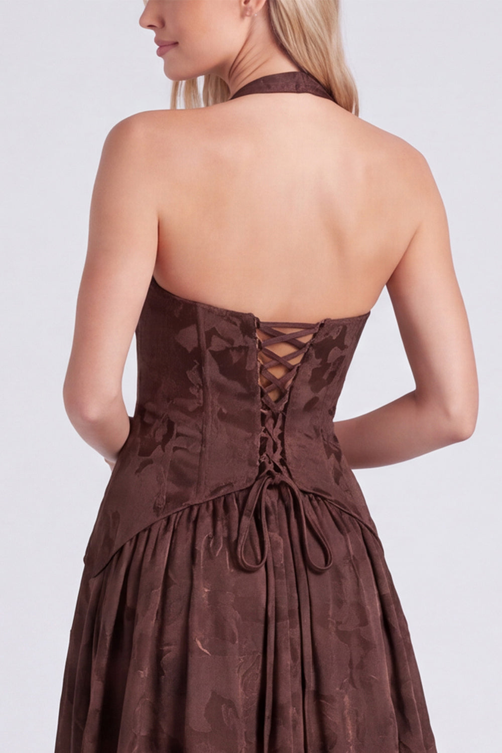 Halter Neck Espresso A-Line Corset Floral Lace Up Back Long Bridesmaid Dress with Slit