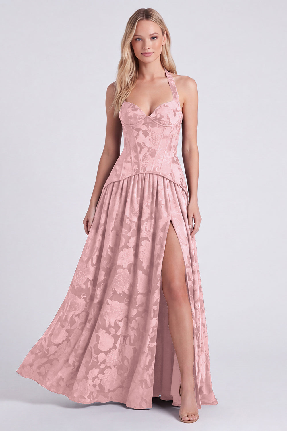 Halter Neck Espresso A-Line Corset Floral Lace Up Back Long Bridesmaid Dress with Slit